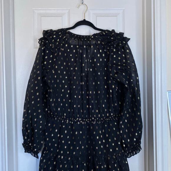 ANTHROPOLOGIE Current Air Ruffled Metallic Dot Mini Dress Black Gold Size Large - Picture 10 of 10